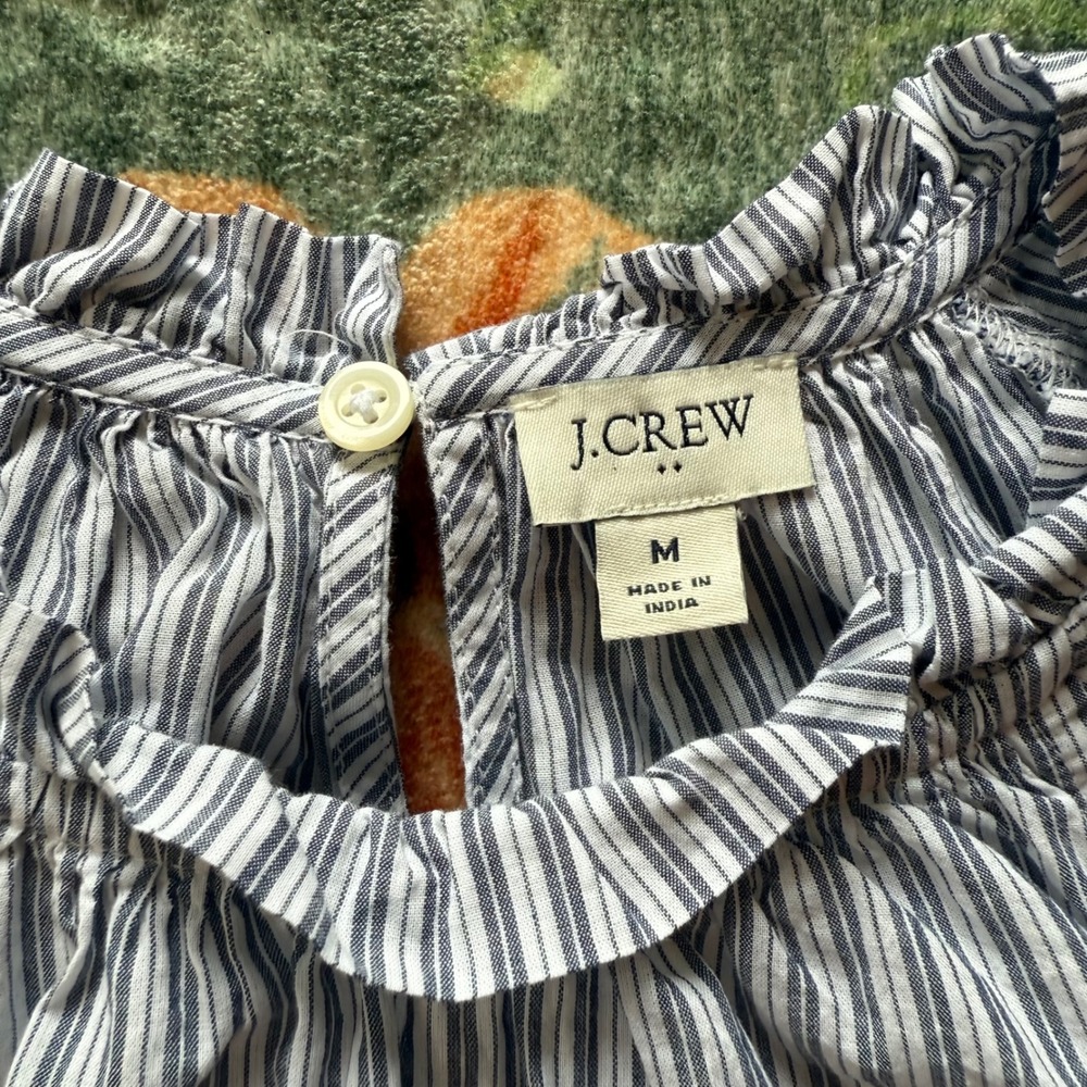 J.Crew Womens Blue White Striped Ruffle Flutter Sleeve Cotton Blouse Top Size M - Picture 2 of 6
